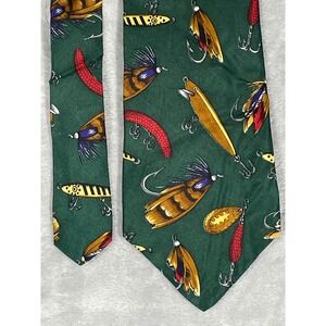 Vintage Tommy Hilfiger Men's Silk Tie Green Fishing Lures Pattern Made in USA